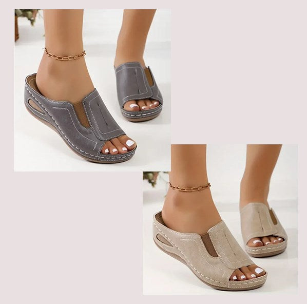 Momount Women Orthopedic Sandals – Leather Open-Toe Low Wedge Walking