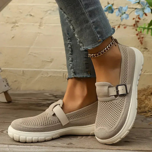 Momount Women Slip-On Sneakers – Knit Mesh Buckle Strap Cushioned Walking