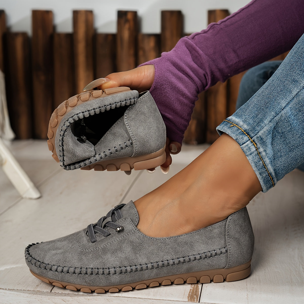 Momount Women Moccasin Loafers – Suede Hand-Stitched Slip-On Elastic Comfort