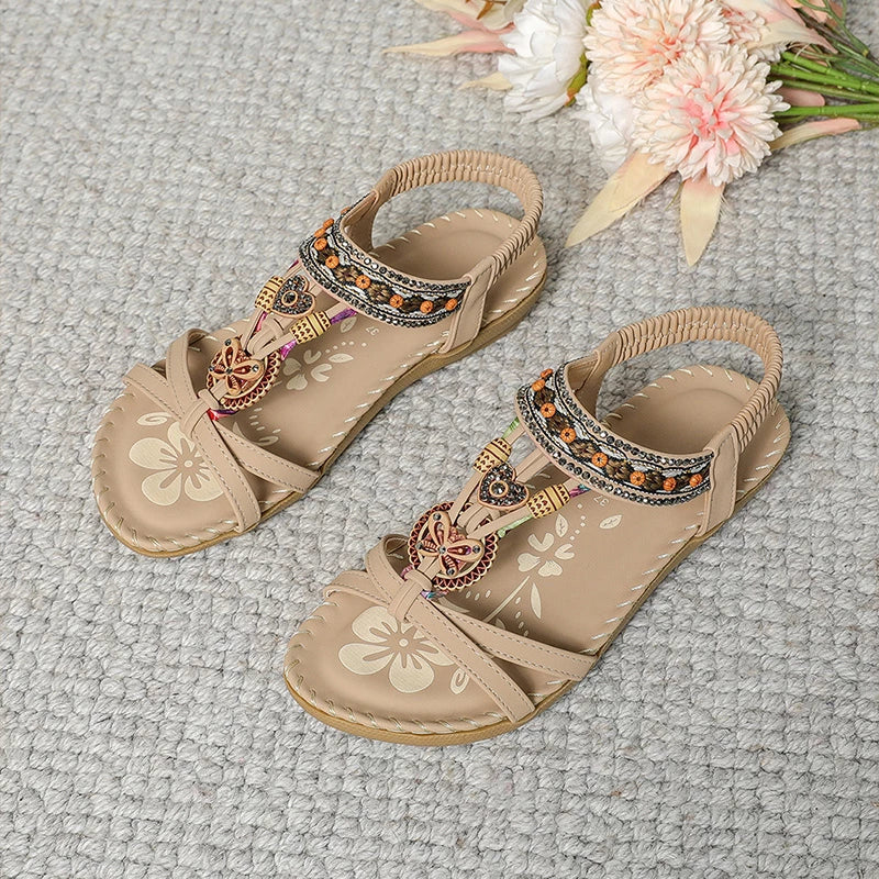 Momount Women Slingback Sandals – Teal Boho Beaded Rhinestone Flat