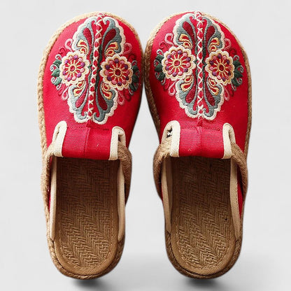 Momount Women Embroidered Mules – Floral Canvas Jute Sole Slip-On Closed Toe