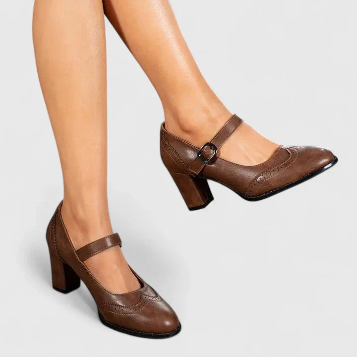 Momount Women Mary Jane Block Heel Pumps – Leather Brogue Round Toe Buckle