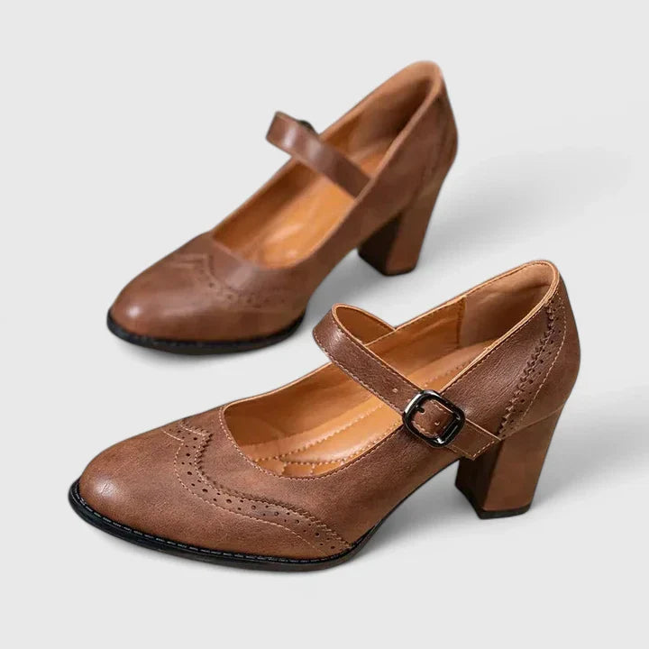 Momount Women Mary Jane Block Heel Pumps – Leather Brogue Round Toe Buckle
