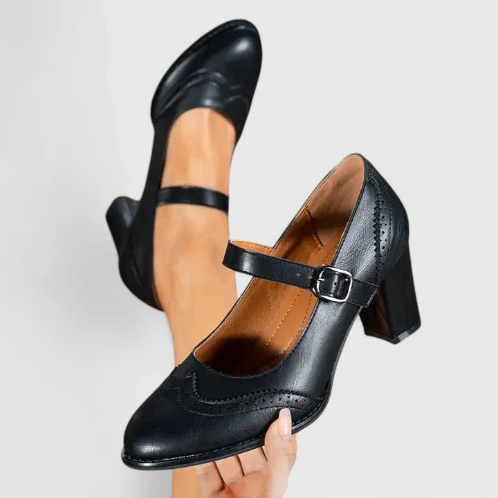 Momount Women Mary Jane Block Heel Pumps – Leather Brogue Round Toe Buckle