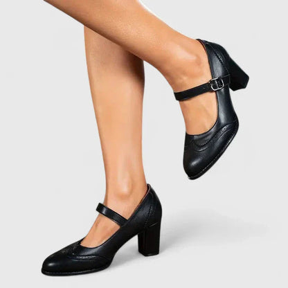 Momount Women Mary Jane Block Heel Pumps – Leather Brogue Round Toe Buckle