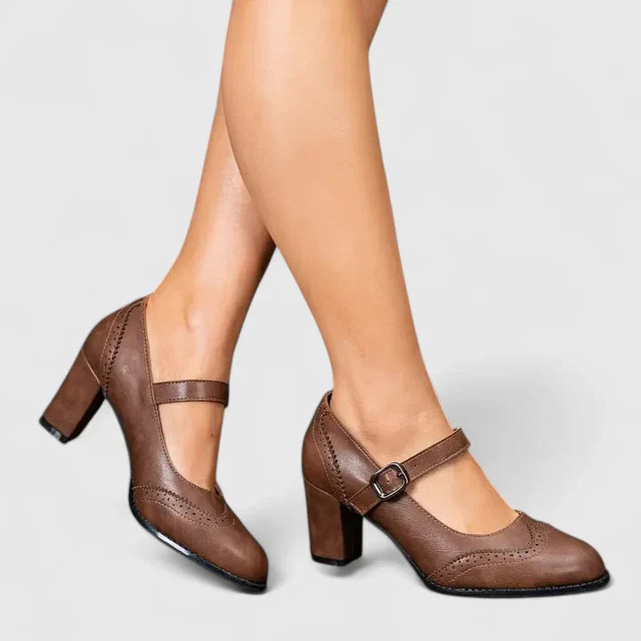 Momount Women Mary Jane Block Heel Pumps – Leather Brogue Round Toe Buckle