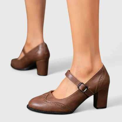 Momount Women Mary Jane Block Heel Pumps – Leather Brogue Round Toe Buckle