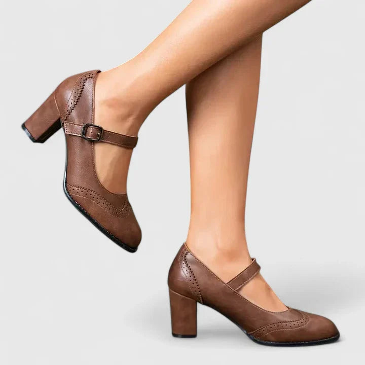 Momount Women Mary Jane Block Heel Pumps – Leather Brogue Round Toe Buckle
