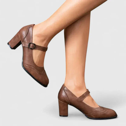 Momount Women Mary Jane Block Heel Pumps – Leather Brogue Round Toe Buckle