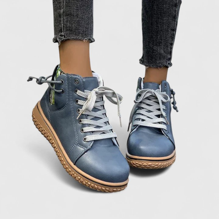 Momount Women High-Top Sneaker Boots – Leather Lace-Up Side Zip Crepe Sole