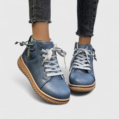 Momount Women High-Top Sneaker Boots – Leather Lace-Up Side Zip Crepe Sole