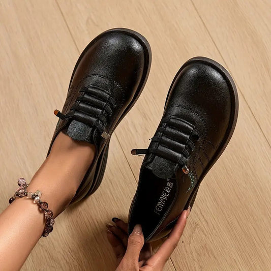 Momount Women Lace-Up Loafers – Leather Round-Toe Flatform Comfort Casual