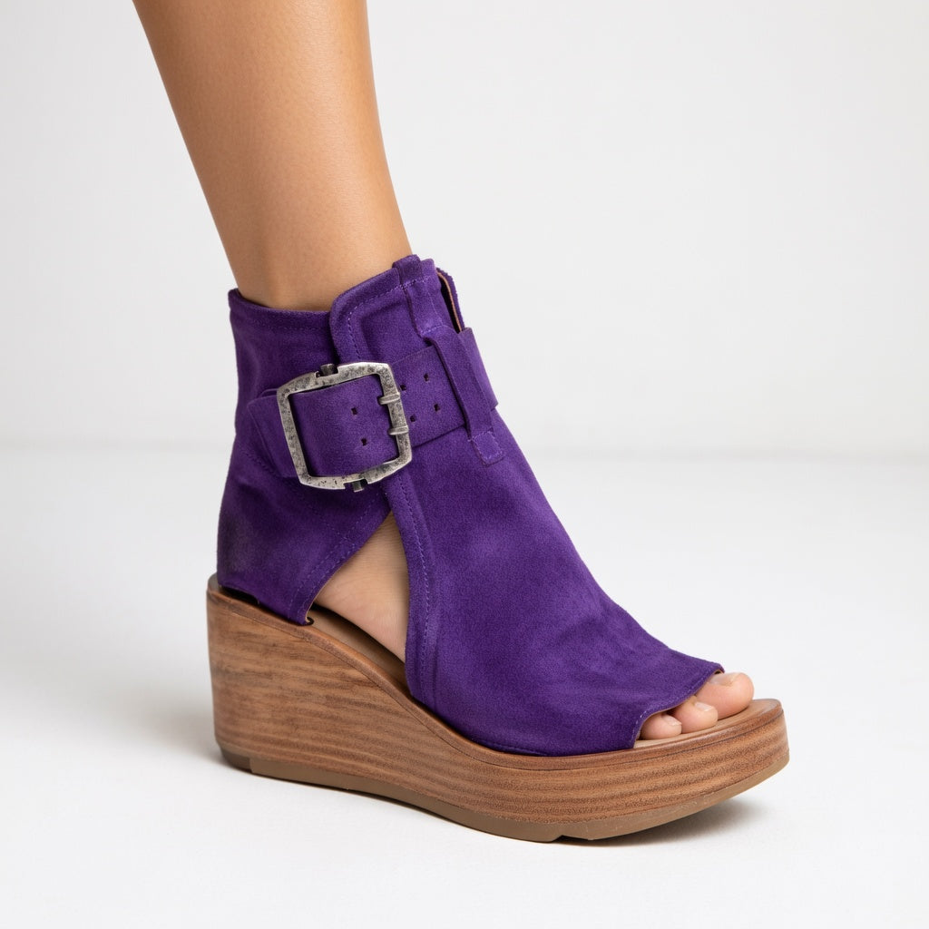 Momount Women Wedge Sandals – Suede Ankle Cuff Buckle Wooden Platform Peep-Toe