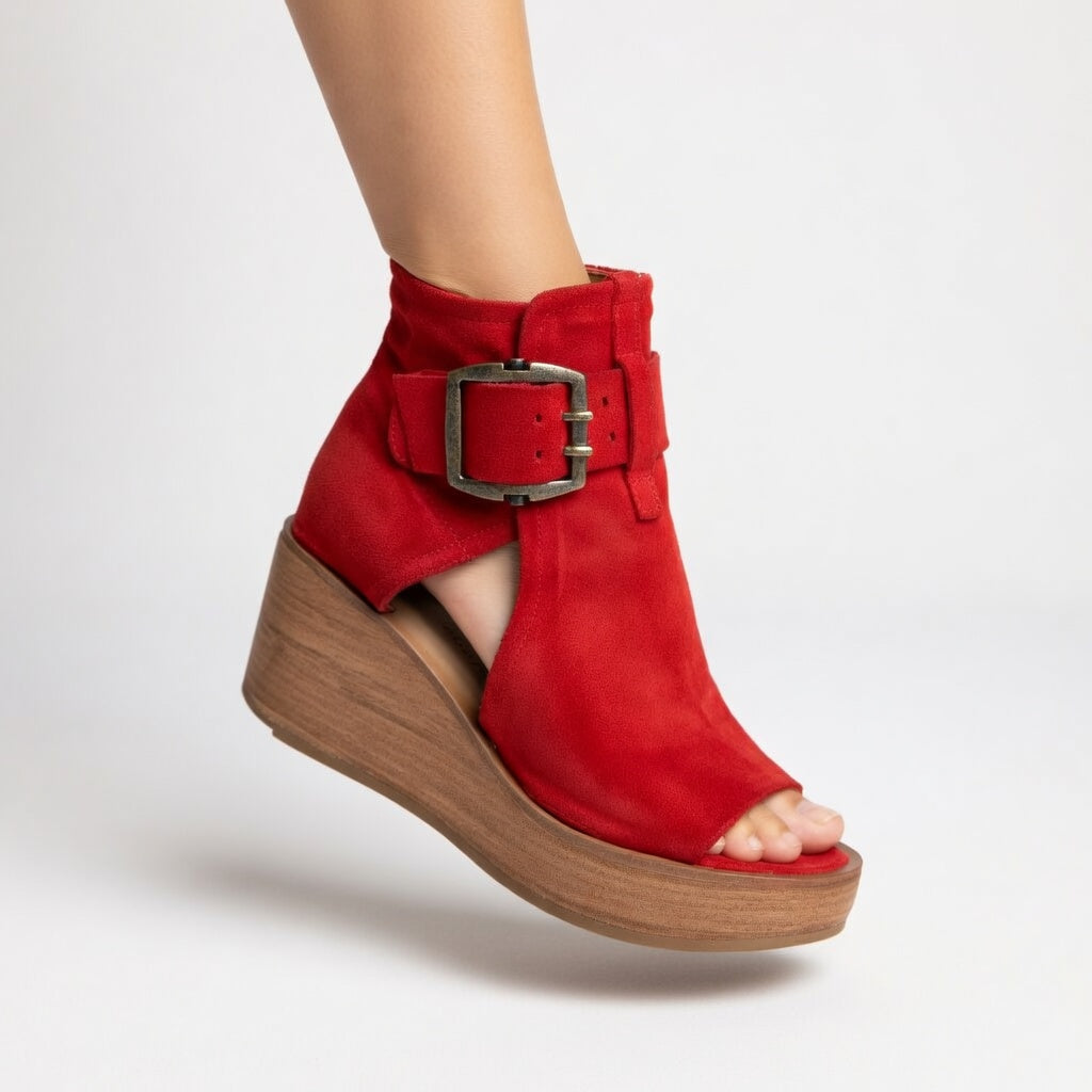 Momount Women Wedge Sandals – Suede Ankle Cuff Buckle Wooden Platform Peep-Toe