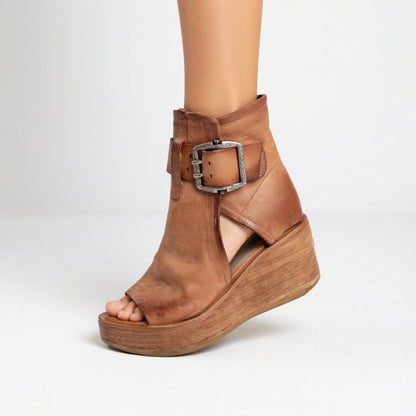 Momount Women Wedge Sandals – Suede Ankle Cuff Buckle Wooden Platform Peep-Toe