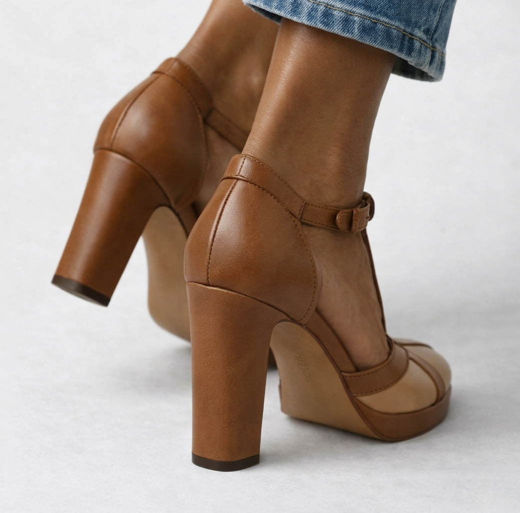 Momount Women T-Bar Platform Pumps – Two-Tone Leather Block Heel Ankle Strap