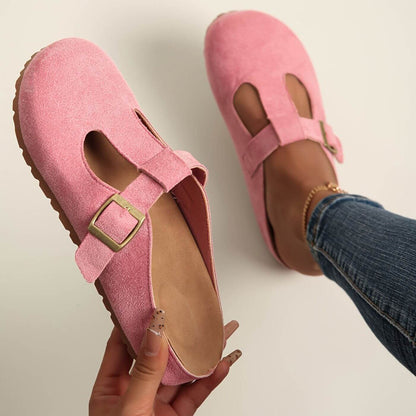 Momount Women T-Bar Suede Clogs – Buckle Mule Closed-Toe Cork Footbed