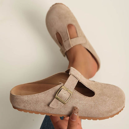 Momount Women T-Bar Suede Clogs – Buckle Mule Closed-Toe Cork Footbed