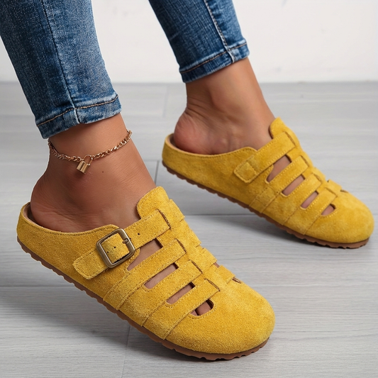 Momount Women Closed-Toe Clog Mules – Suede Caged Buckle Slip-On Cork Footbed