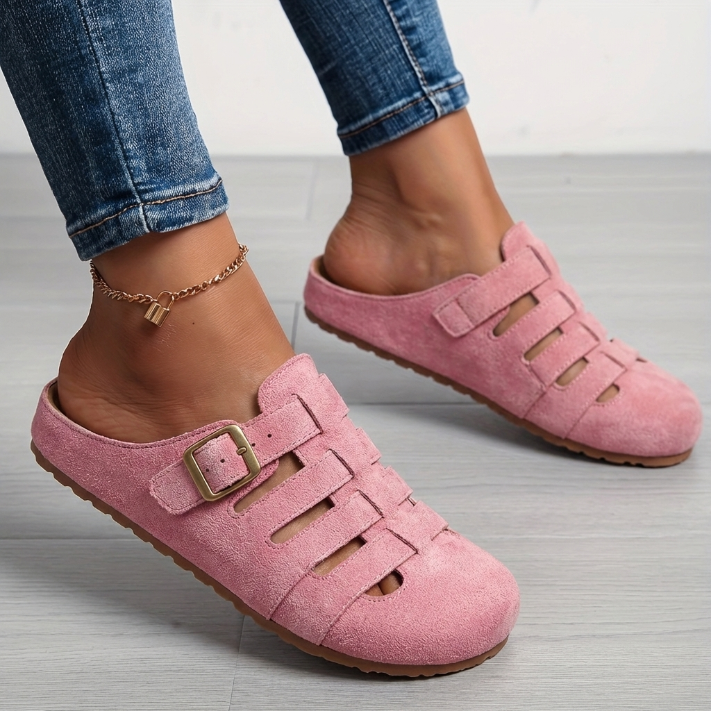 Momount Women Closed-Toe Clog Mules – Suede Caged Buckle Slip-On Cork Footbed