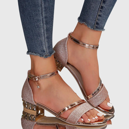 Momount Women Ankle Strap Sandals – Glitter Rhinestone Block Heel Open Toe
