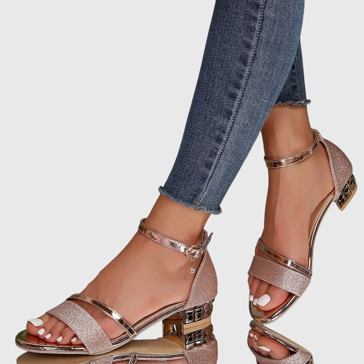 Momount Women Ankle Strap Sandals – Glitter Rhinestone Block Heel Open Toe