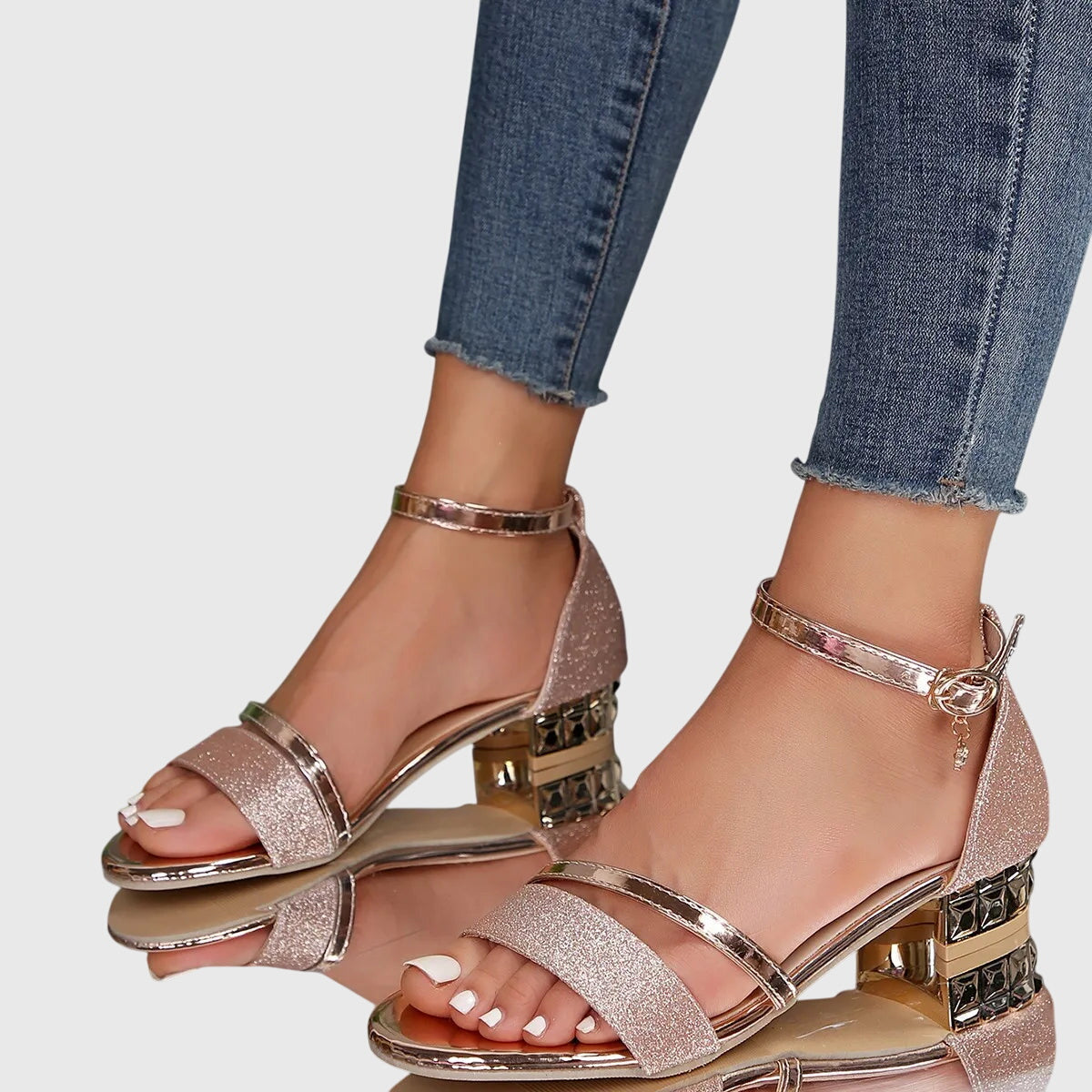 Momount Women Ankle Strap Sandals – Glitter Rhinestone Block Heel Open Toe