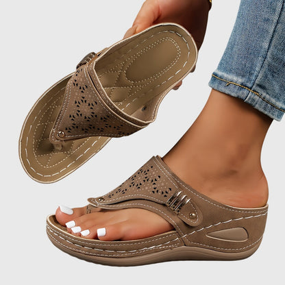Momount Women Thong Wedge Sandals – Leather Laser-Cut Slide Toe-Post Low Heel