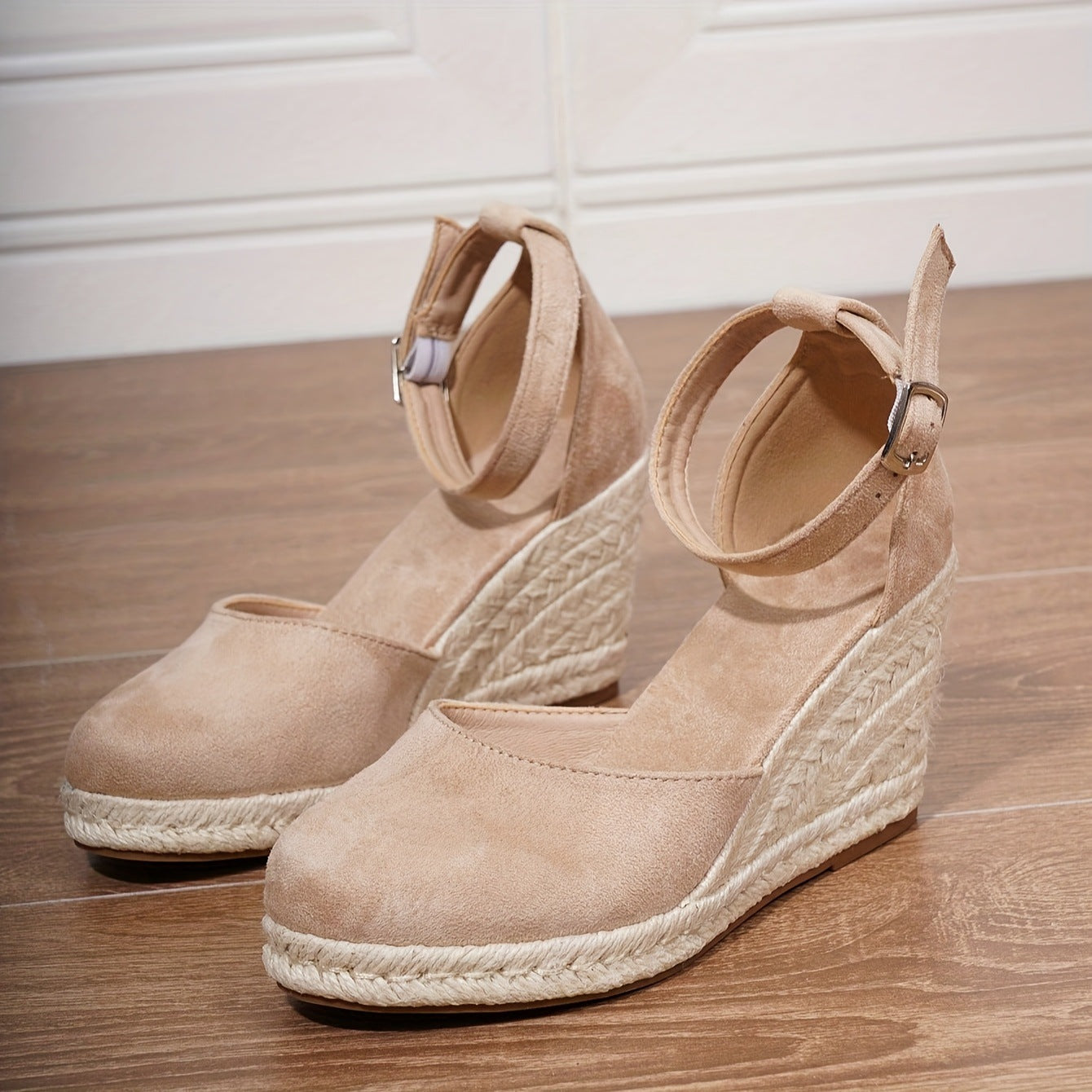 Momount Women Espadrille Wedge Sandals – Nude Suede Closed-Toe Strap