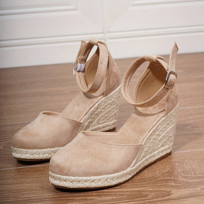 Momount Women Espadrille Wedge Sandals – Nude Suede Closed-Toe Strap