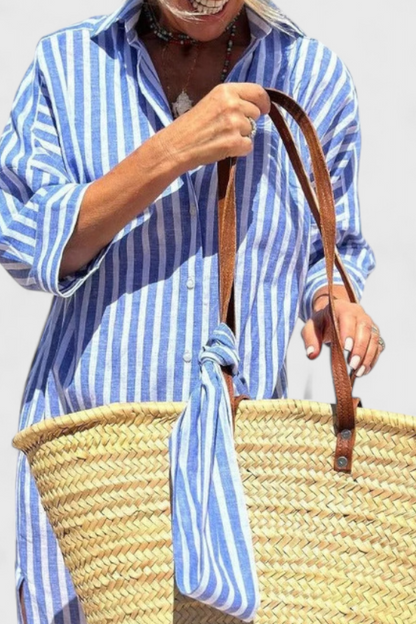 Momount Women’s Shirt Midi Dress – Striped Long Sleeve Casual Summer Beach Dress