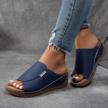 Momount Women Platform Wedge Sandals – Brown Leather Open-Toe Mule