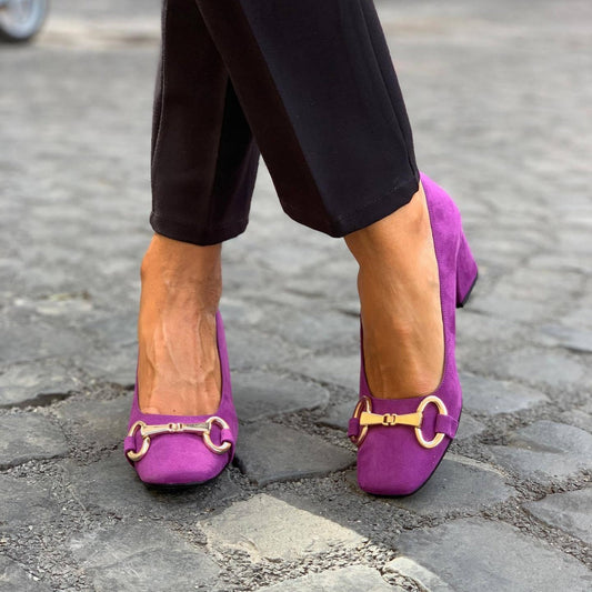 Momount Women’s Block Heel Pumps – Suede Buckle Square Toe Low Heel Office Shoes