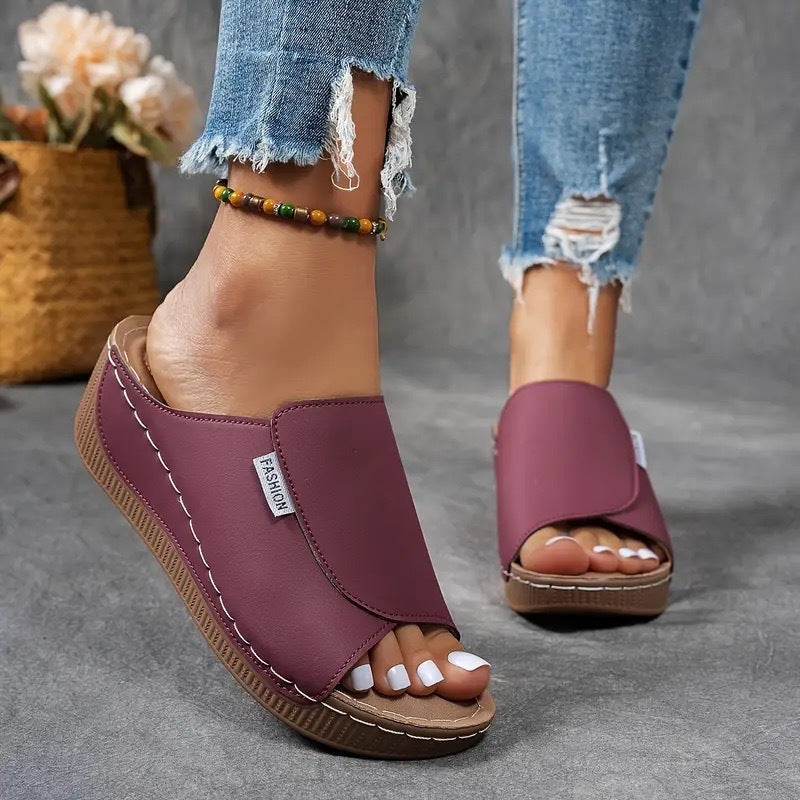 Momount Women Platform Wedge Sandals – Brown Leather Open-Toe Mule