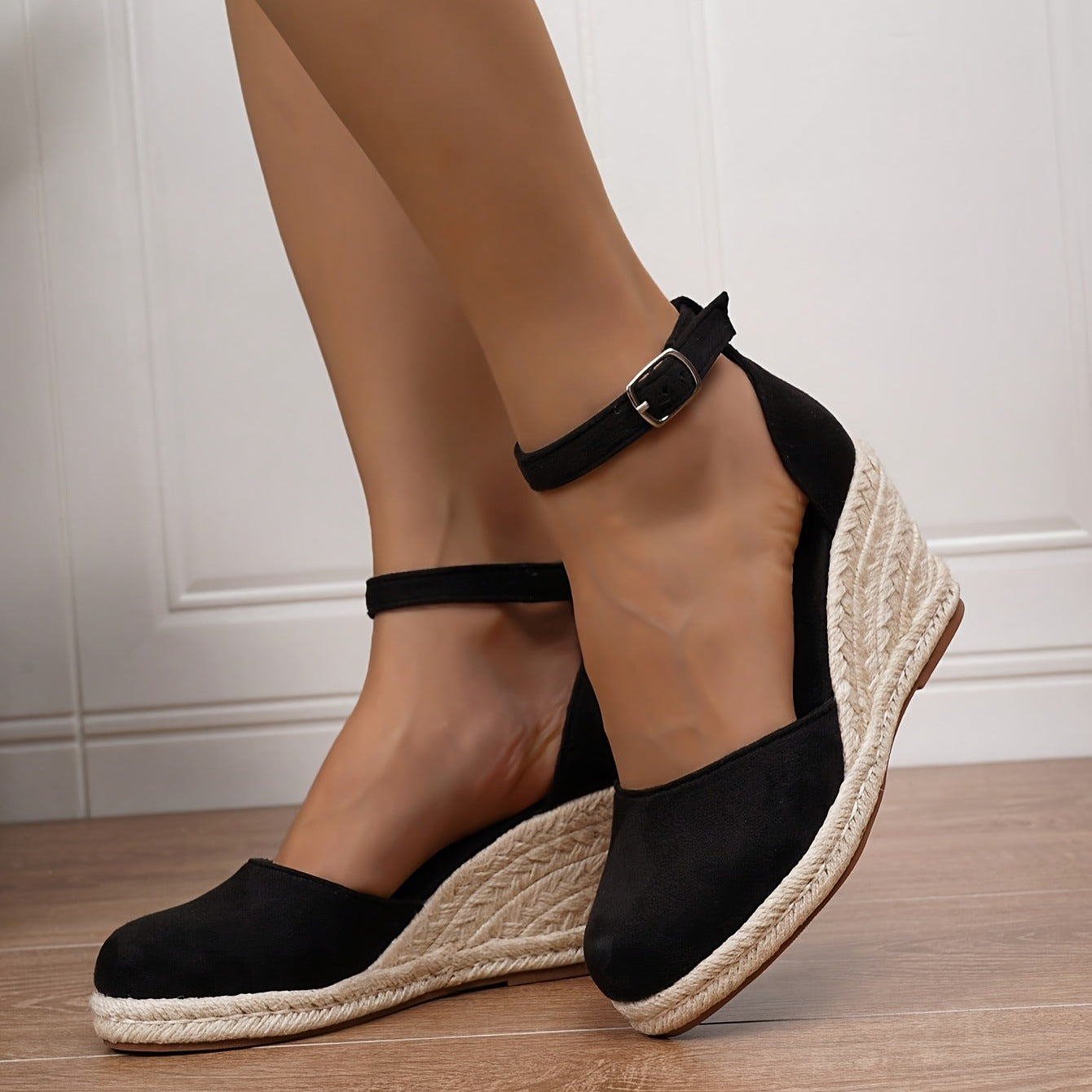 Momount Women Espadrille Wedge Sandals – Nude Suede Closed-Toe Strap