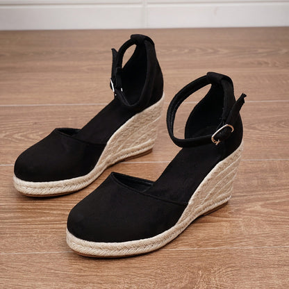 Momount Women Espadrille Wedge Sandals – Nude Suede Closed-Toe Strap
