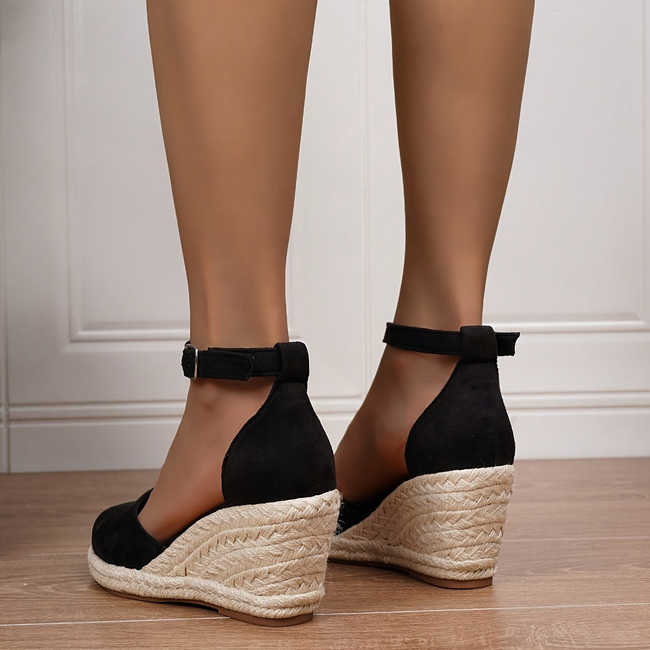 Momount Women Espadrille Wedge Sandals – Nude Suede Closed-Toe Strap