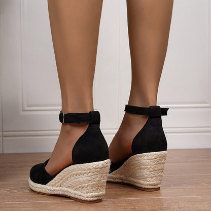 Momount Women Espadrille Wedge Sandals – Nude Suede Closed-Toe Strap