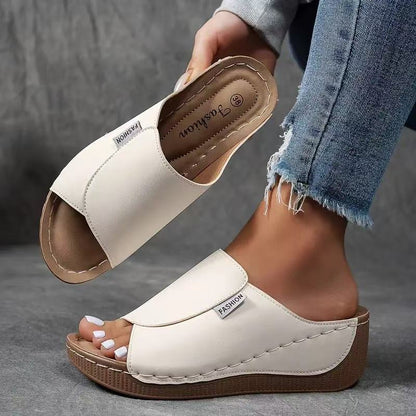 Momount Women Platform Wedge Sandals – Brown Leather Open-Toe Mule
