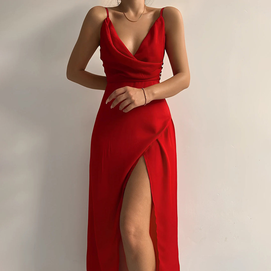 Evangelia | Elegant Satin V Neck Wrap Summer Maxi Dress