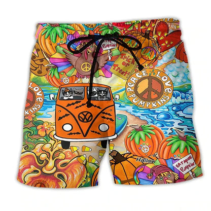 Momount Men Swim Shorts – Hippie Van Graphic Print Drawstring Summer