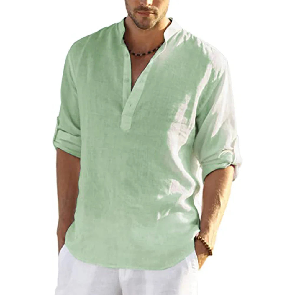 Momount Men Linen Henley Shirt – Long Sleeve Band Collar Casual