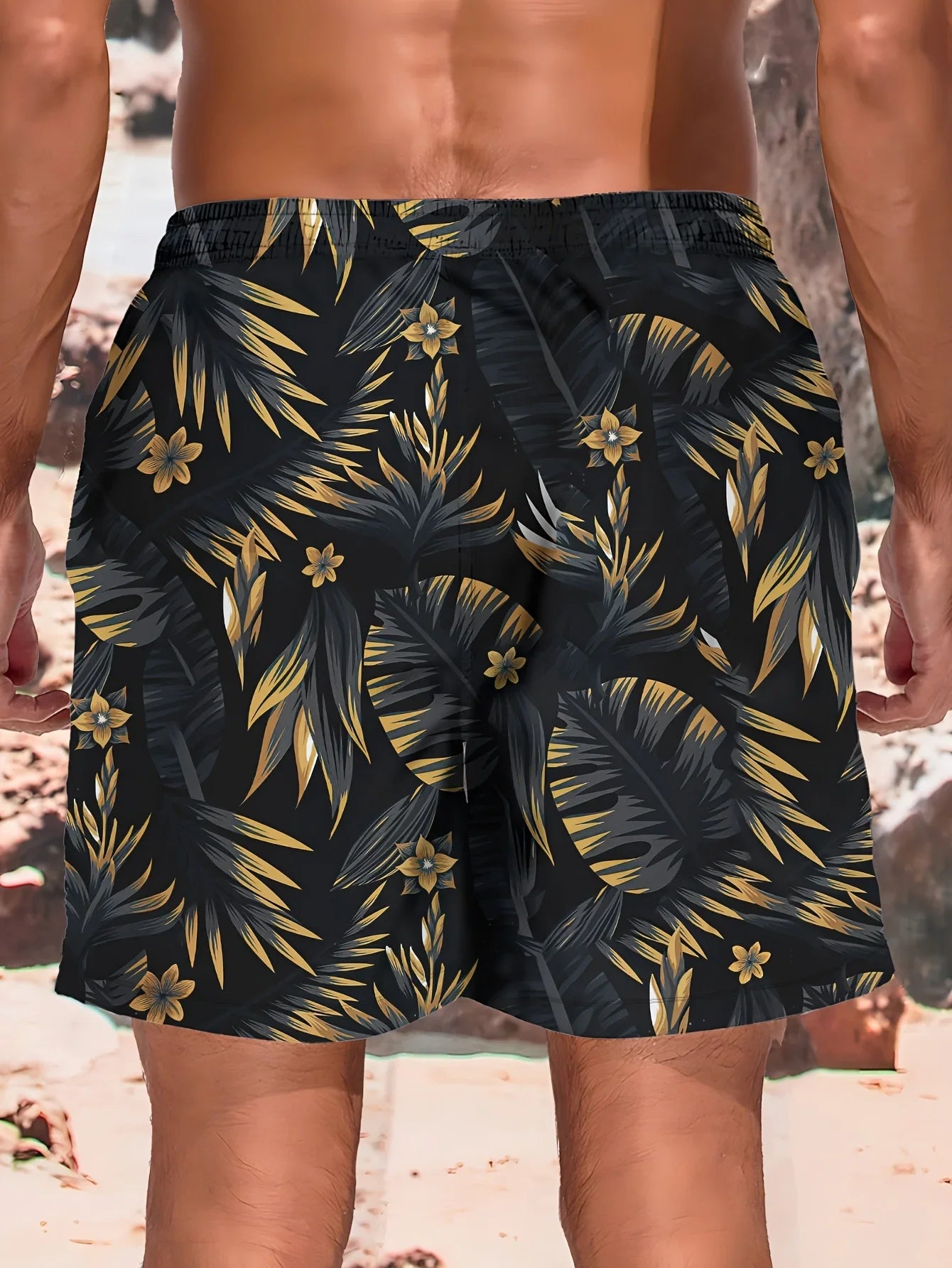 Momount Men Swim Shorts – Tropical Leaf Print Drawstring Knee Length