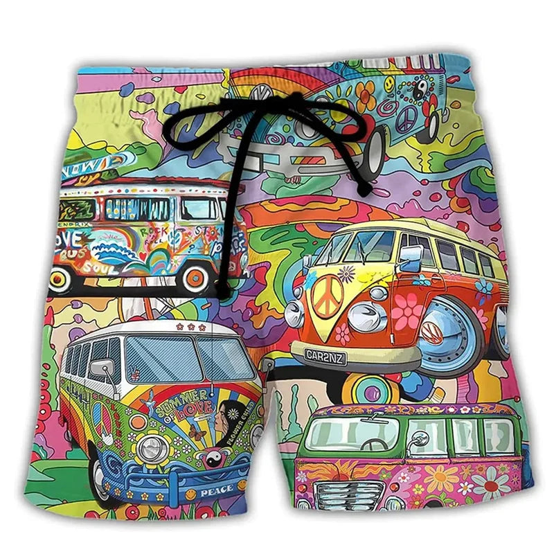 Momount Men Swim Shorts – Hippie Van Graphic Print Drawstring Summer