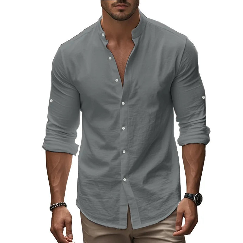 Momount Men Linen Shirt – Long Sleeve Slim Fit Band Collar Classic
