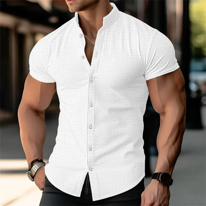 Momount Men Linen Shirt – Short Sleeve Band Collar Button Up Summer
