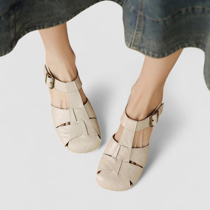 Momount Women Leather Sandals – Closed Toe Buckle Low Heel Vintage