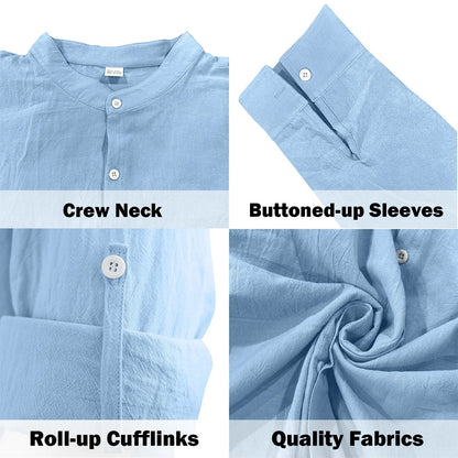 Momount Men Linen Shirt – Long Sleeve Slim Fit Band Collar Classic