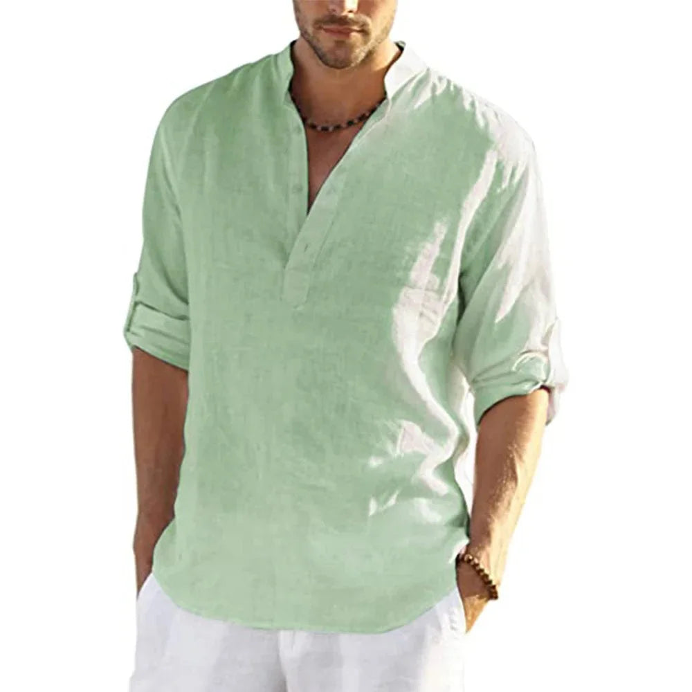 Momount Men Linen Henley Shirt – Long Sleeve Band Collar Casual