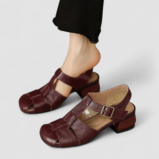 Momount Women Leather Sandals – Closed Toe Buckle Low Heel Vintage